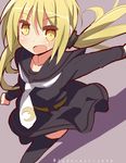  9law black_legwear black_serafuku blonde_hair blush highres kantai_collection long_hair long_sleeves open_mouth satsuki_(kantai_collection) school_uniform serafuku simple_background skirt solo thighhighs yellow_eyes 