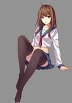  absurdres ahoge black_legwear brown_eyes brown_hair collarbone eyebrows_visible_through_hair highres long_sleeves midriff original school_uniform serafuku simple_background sitting sketch skirt solo thighhighs youxuemingdie zettai_ryouiki 