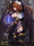  armor bikini_armor breasts brown_hair cglange cleavage copyright_name feathered_wings fingerless_gloves gloves grey_eyes highres large_breasts legend_of_the_cryptids lips magic solo staff thighhighs wings 