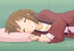  blush brown_hair closed_eyes collarbone hair_ornament hairclip hirasawa_yui k-on! k10k long_sleeves lying on_side pillow robe shirt short_hair sleeping sleepwear solo 