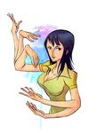  1girl arm_up bangs black_hair blouse breasts cleavage collarbone collared_shirt extra_arms female hana_hana_no_mi long_hair nico_robin one_piece parted_lips shirt short_sleeves solo upper_body yellow_shirt 