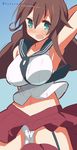  9law arm_up blush breasts brown_hair green_eyes highres kantai_collection large_breasts long_hair noshiro_(kantai_collection) open_mouth panties skirt solo underwear white_panties 