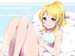  ayase_eli bandeau blonde_hair blue_eyes braid crown_braid dated hands_on_own_stomach hands_together happy_birthday knees_up love_live! love_live!_school_idol_project lying on_back panties pillow ponytail sekina smile solo striped striped_panties underwear underwear_only 