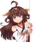  :3 ahoge brown_hair double_bun hairband hanjuku_tomato japanese_clothes kantai_collection kongou_(kantai_collection) long_hair nontraditional_miko peeking_out purple_eyes smile solo 