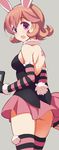  9law absurdres animal_ears blush bunny_tail colored_stripes fake_animal_ears highres hunter_x_hunter looking_back open_mouth piyon_(hunter_x_hunter) short_hair simple_background skirt solo striped striped_legwear tail 