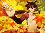  fighting_stance katanagatari leaf long_hair male_focus maple_leaf obi ponytail sash shirtless solo very_long_hair yasuri_shichika 