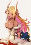  1girl bangs bare_shoulders blonde_hair breasts cleavage dark_skin draph fur_trim granblue_fantasy horns jewelry kuvira_(granblue_fantasy) large_breasts long_hair multicolored_hair nido_celisius open_mouth pink_hair pointy_ears solo 