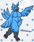  2019 anthro avian beak bird blue_feathers breasts digital_media_(artwork) feathers female meme nude open_mouth simple_background solo sushirolldragon talons text tweetfur twitter 