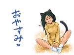  :d ^_^ alternate_breast_size alternate_hairstyle animal_ears blush cat_ears cat_tail closed_eyes fangs francesca_lucchini hair_down heart highres indian_style knees_apart_feet_together long_hair long_sleeves mishiro_shinza no_shoes open_mouth simple_background sitting smile socks solo strike_witches sweater tail translated v_arms white_background white_legwear world_witches_series 