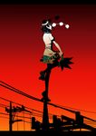  black_hair blue_eyes crashtv fan geta hat highres shameimaru_aya short_hair skirt solo standing standing_on_one_leg sunset telephone_pole tengu-geta tokin_hat touhou 