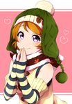  blush brown_hair detached_sleeves hands_together hat heart koizumi_hanayo looking_at_viewer love_live! love_live!_school_idol_project pink_background purple_eyes sekina short_hair sleeves_past_wrists smile solo upper_body winter_clothes 