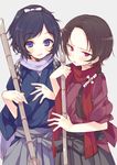  black_hair blue_eyes blush earrings fang hakama highres japanese_clothes jewelry kashuu_kiyomitsu kimono long_hair male_focus mole mole_under_eye mole_under_mouth moriyama_shijimi multiple_boys nail_polish open_mouth red_eyes red_nails red_scarf scarf touken_ranbu unmoving_pattern white_scarf yamato-no-kami_yasusada 