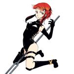 arched_back between_legs bondage_outfit elbow_gloves gloves junketsu_no_maria kneeling looking_at_viewer md5_mismatch purple_eyes red_hair shizimi_kai short_hair solo thigh_strap white_background 