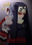  1girl black_sclera blonde_hair character_name cross double_(skullgirls) female habit monster necklace nun open_mouth red_eyes skullgirls smile solo teeth 