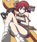  a.b.a aka_(s3637) bandaged_arm bandages bare_shoulders black_gloves blue_eyes chain frown gloves guilty_gear guilty_gear_xx key key_in_head paracelsus red_hair short_hair simple_background sitting solo white_background 