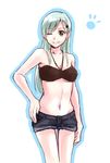  aqua_hair bare_shoulders bikini_top blush brown_eyes denim denim_shorts green_hair hair_ornament hand_on_hip jikasei kantai_collection long_hair looking_at_viewer navel one_eye_closed short_shorts shorts smile solo standing suzuya_(kantai_collection) white_background 