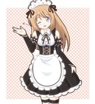  ;d alternate_costume apron atair blue_eyes blush brown_hair checkered checkered_background choujigen_game_neptune_mk2 detached_sleeves dress enmaided long_hair long_sleeves looking_at_viewer maid maid_headdress md5_mismatch neck_ribbon neptune_(series) one_eye_closed open_mouth ram_(choujigen_game_neptune) ribbon smile solo star striped striped_legwear thighhighs waist_apron zettai_ryouiki 