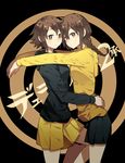  braid brown_eyes brown_hair durarara!! highres hug long_hair luo. multiple_girls orihara_kururi orihara_mairu short_hair siblings sisters twins yuri 