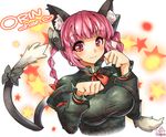  animal_ears bow braid breasts cat_ears cat_tail commentary dress green_dress hair_bow impossible_clothes impossible_shirt juliet_sleeves kaenbyou_rin large_breasts long_sleeves multiple_tails nekomata paw_pose puffy_sleeves red_eyes red_hair shirt smile solo star tail tail_bow taut_clothes taut_shirt touhou twin_braids umigarasu_(kitsune1963) 