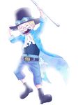  1boy bandage blonde_hair cravat hat highres male male_focus missing_tooth one_piece open_mouth pole sabo_(one_piece) simple_background solo top_hat weapon younger 