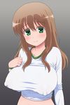  1girl blush breasts brown_hair bust erect_nipples green_eyes huge_breasts long_hair looking_at_viewer matsumi_yuu midriff okamura_hijiki saki saki_achiga-hen smile solo upper_body 