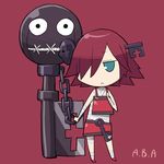  a.b.a aka_(s3637) bandaged_arm bandages blue_eyes chain character_name chibi frown guilty_gear guilty_gear_xx hair_over_one_eye key key_in_head paracelsus pink_background red_hair short_hair simple_background solo standing 