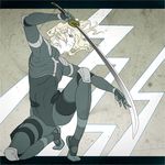 bad_id bad_pixiv_id blonde_hair blue_eyes bodysuit fighting_stance flat_color katana letterboxed male_focus metal_gear_(series) metal_gear_solid_2 one_knee outside_border raiden solo sword weapon yodo 