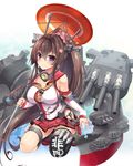  bankoku_ayuya breasts brown_hair cherry_blossoms hair_ornament highres kantai_collection large_breasts long_hair miniskirt pleated_skirt ponytail purple_eyes single_thighhigh skirt smile solo thighhighs turret umbrella uniform very_long_hair yamato_(kantai_collection) 
