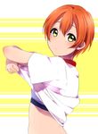  bra expressionless from_side gym_uniform highres hoshizora_rin looking_at_viewer looking_to_the_side love_live! love_live!_school_idol_project orange_hair sekina shirt shirt_lift short_hair short_sleeves solo striped striped_bra t-shirt underwear undressing upper_body white_shirt yellow_eyes 