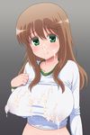  1girl blush breasts brown_hair bust cum cum_on_body cum_on_breasts cum_on_upper_body erect_nipples facial green_eyes huge_breasts lactation long_hair looking_at_viewer matsumi_yuu milk_leaking_through_clothing okamura_hijiki saki saki_achiga-hen smile solo upper_body 