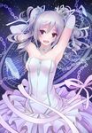 armpits bare_shoulders breasts dress drill_hair elbow_gloves gloves idolmaster idolmaster_cinderella_girls kanzaki_ranko long_hair medium_breasts open_mouth red_eyes sai-go silver_hair smile solo twin_drills twintails 