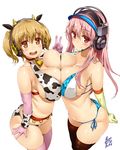  animal_ears animal_print bell bikini blonde_hair blush breast_press breasts brown_legwear cleavage collarbone cosplay cow_bell cow_ears cow_horns cow_print downscaled elbow_gloves gloves green_gloves headphones headset highres horns idolmaster idolmaster_cinderella_girls large_breasts long_hair looking_at_viewer md5_mismatch multiple_girls nitroplus nitta_minami nitta_minami_(cosplay) oikawa_shizuku oikawa_shizuku_(cosplay) open_mouth orange_eyes pink_eyes pink_gloves pink_hair pink_legwear resized short_hair side-tie_bikini simple_background smile super_pochaco super_sonico swimsuit symmetrical_docking thighhighs twintails uo_denim v visor_cap white_background 