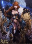  armor bikini_armor braid breasts brown_hair cglange cleavage copyright_name feathered_wings fingerless_gloves gloves grey_eyes headgear highres large_breasts legend_of_the_cryptids lips long_hair looking_at_viewer navel shield solo staff standing thighhighs wind wings 