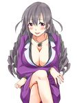  blush breast_hold breasts cleavage crossed_legs drill_hair formal grey_hair idolmaster idolmaster_cinderella_girls jacket ky_kosuke large_breasts long_hair older parted_lips purple_eyes sakakibara_satomi sitting skirt_suit smile solo suit white_background 