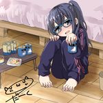  alcohol barefoot bed beer beer_can blue-framed_eyewear blue_eyes blue_hair blush can darkside glass glasses imai_midori long_hair open_mouth ponytail shirobako smile solo table track_suit 