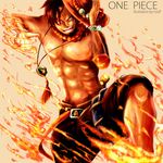  1boy belt copyright_name fighting_stance fire hand_on_hat hand_on_headwear hat highres muscle necklace one_piece portgas_d_ace shorts smile solo stampede_string topless 