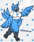  2019 anthro avian beak bird blue_feathers bottomless breasts clothed clothing digital_media_(artwork) feathers female meme open_mouth shirt simple_background solo sushirolldragon talons text tweetfur twitter 