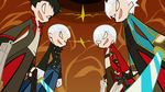  black_hair brothers coat commentary_request dante_(devil_may_cry) dante_(dmc:_devil_may_cry) devil_may_cry dmc:_devil_may_cry dual_persona dual_wielding gloves gun handgun holding jewelry male_focus multiple_boys necklace no_pupils open_mouth panty_&amp;_stocking_with_garterbelt parody pistol sakura3914 siblings smile style_parody sword vergil weapon white_hair 