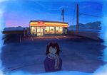  convenience_store looking_at_viewer mountain night night_sky original parking_lot perspective power_lines scarf shop sky solo telephone_pole twilight vending_machine yokoya 
