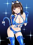  ;d alternate_costume anegasaki_nene animal_ears black_background black_hair blue_background blue_bra blue_gloves blue_legwear blue_shorts blush bondage_outfit bow bra breasts buckle cat_ears cat_tail cleavage clenched_hands contrapposto crotch_zipper elbow_gloves fake_animal_ears fake_tail gloves gradient gradient_background hairband hands_up highres kemonomimi_mode large_breasts leaning legs_apart looking_at_viewer love_plus mole mole_under_eye navel o-ring o-ring_top one_eye_closed open_mouth paw_pose purple_eyes sen_(sansui) shiny shiny_clothes shiny_skin short_hair short_shorts shorts sideboob smile sparkle standing tail tail_bow thighhighs underwear white_bow zipper 