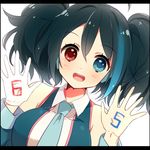  :d ahoge black_hair blue_eyes blue_hair blue_neckwear blush breasts detached_sleeves gloves heterochromia large_breasts multicolored_hair necktie open_mouth red_eyes saito_katuo short_hair single_glove smile solo streaked_hair twintails utau white_gloves yokune_ruko 