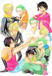 3boys black_hair blonde_hair formal green_hair hair_over_one_eye haramaki hat long_sleeves male_focus monkey_d_luffy multiple_boys multiple_persona necktie one-eyed one_piece open_shirt red_shirt robe roronoa_zoro sanji sash scar shirt shorts sitting smile stampede_string straw_hat suit t-shirt tank_top trio vest younger 