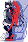  asymmetrical_wings black_dress black_hair black_legwear dress eichi_yuu houjuu_nue polearm red_eyes red_footwear shoes short_sleeves snake solo thighhighs touhou trident weapon wings zettai_ryouiki 