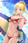  1girl bangs bare_shoulders bikini bikini_tan bikini_tug blonde_hair blue_sky blush braid breasts cleavage cloud collarbone day fate/grand_order fate_(series) front-tie_bikini front-tie_top green_eyes hair_ornament holding_surfboard long_hair looking_at_viewer medium_breasts mordred_(fate) mordred_(fate)_(all) navel outdoors parted_lips patreon_username ponytail red_bikini rei_kun scrunchie side-tie_bikini sidelocks skindentation sky smile solo splashing standing stomach surfboard swimsuit tan tanline water_drop 