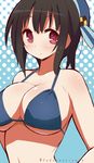  9law bikini blue_background blue_bikini blush breasts brown_hair halftone halftone_background highres kantai_collection large_breasts looking_at_viewer red_eyes solo swimsuit takao_(kantai_collection) twitter_username upper_body 