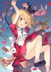  alice_in_wonderland apron arms_up ass black_tea blonde_hair blue_background blush card cup dress fang flandre_scarlet gradient gradient_background hair_ribbon heart maid_apron open_mouth petals plate playing_card pocket_watch puffy_short_sleeves puffy_sleeves red_dress red_eyes ribbon rie_(reverie) saucer shoes short_sleeves side_ponytail socks solo stuffed_animal stuffed_bunny stuffed_toy tea teacup touhou upskirt watch wings 
