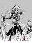  armor armored_dress bare_shoulders belt bow braid collarbone crossed_arms dagger dress fate/stay_night fate_(series) feathered_wings field_of_blades gauntlets grey_background hair_bow hair_ornament halterneck ishiyumi light_valkyrie_(p&amp;d) long_hair looking_at_viewer loose_belt monochrome parody planted_sword planted_weapon puzzle_&amp;_dragons red_eyes shield short_dress simple_background skindentation solo spot_color standing sword thighhighs tri_braids unlimited_blade_works valkyrie valkyrie_(p&amp;d) weapon wings zettai_ryouiki 