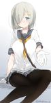  blue_eyes breasts gloves hair_ornament hair_over_one_eye hairclip hamakaze_(kantai_collection) kantai_collection large_breasts miniskirt pantyhose reaching_out school_uniform serafuku short_hair short_sleeves silver_hair sino_(sionori) skirt smile solo twitter_username uniform 