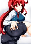  1girl ahoge ass ass_grab bike_shorts blush breasts cameltoe come_hither deep_skin eyebrows female huge_ass huge_breasts leg_up long_hair looking_at_viewer naughty_face original raiden_(artist) red_eyes red_hair seductive_smile shiny shiny_clothes shiny_skin sideboob smile solo thick_eyebrows 