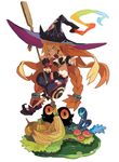  1girl bare_shoulders blonde_hair braid breasts broom eyebrows green_eyes harada_takehito hat long_hair majo_to_hyakkihei metallica_(majo_to_hyakkihei) midriff nippon_ichi official_art simple_background smile solo thick_eyebrows twin_braids very_long_hair witch witch_hat 